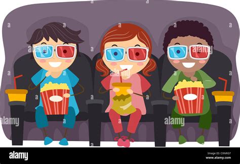 Illustration Of Kids Watching A Movie With 3d Glasses While Eating