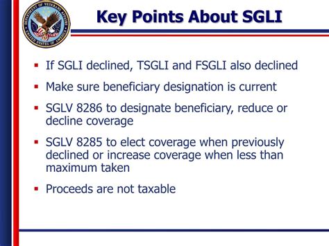 Servicemembers' group life insurance, or sgli, forms the backbone of that care. PPT - VA Life Insurance Briefing PowerPoint Presentation - ID:633540