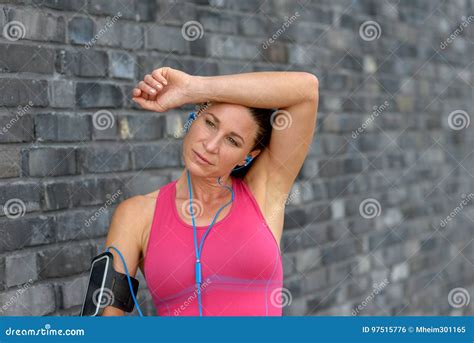 Hot Sweaty Young Woman Wiping Her Forehead Stock Photo Image Of