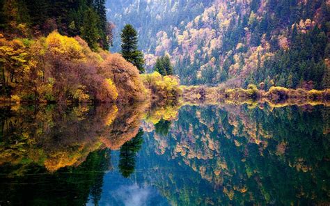 Nature Landscape Blue Reflection Fall Forest Lake