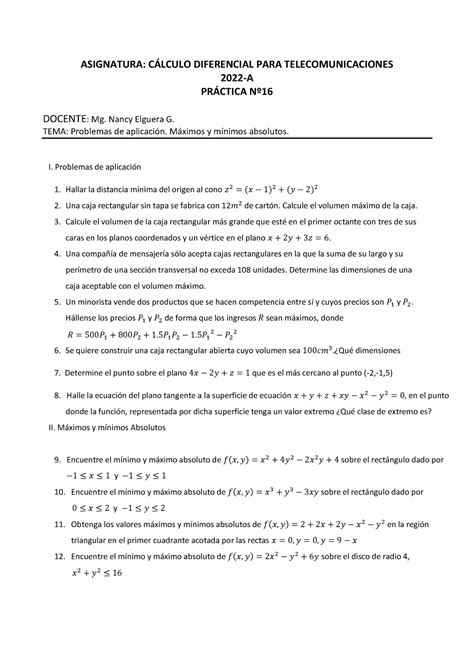 Pr Ctica N Problemas De Aplicaci N M Ximos Y M Nimos Absolutos Asignatura Clculo Studocu