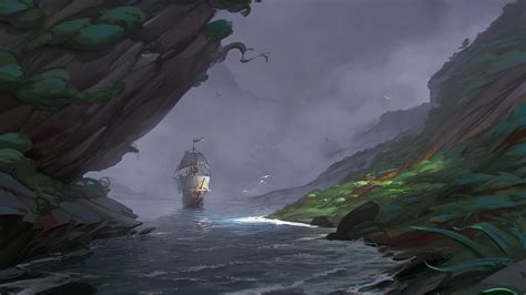 Wallpaper Digital Art Fantasy Art Sailing Ship River Nature Rock