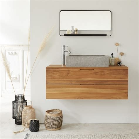Meuble de salle de bain en bois de teck suspendu 115, mobilier de salle