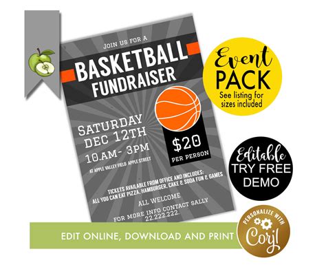 Editable Basketball Fundraiser Flyer Template School Sports Etsy Uk
