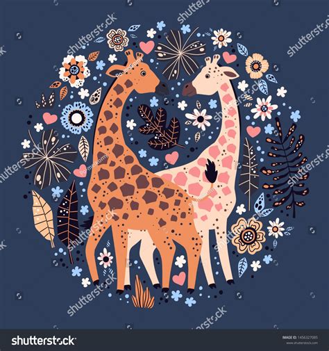 Vector Flat Hand Drawn Illustrations Cute Giraffes Surrounded By