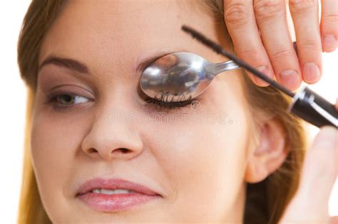 Woman Applying Mascara Using Spoon Stock Photo Image Of Cosmetic