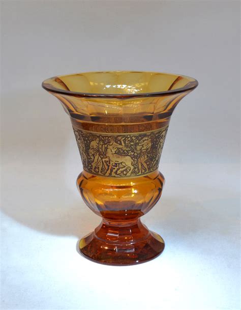 Amber Cut Glass Flared Moser Vase With Gilded Warrior Frieze Denton Antiques