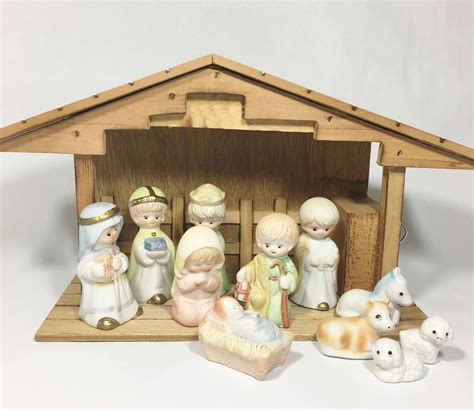 Vintage Wood Nativity Stable Creche Manger Music Box Set 11 Etsy