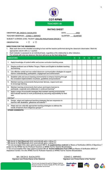 Appendix 3c Cot Rpms Rating Sheet For T I Iii For Sy 2021 2022 In The