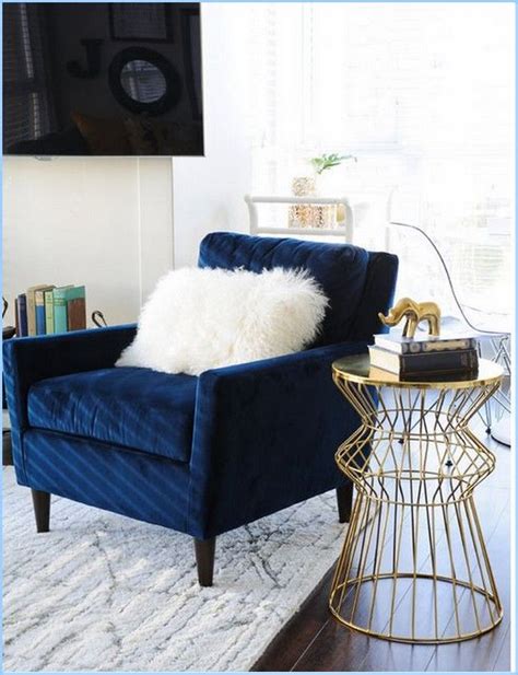Navy Velvet Accent Chair With Gilded Side Table For All My Evening
