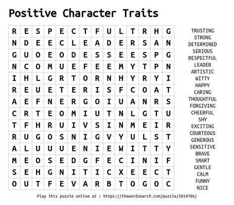 Download Word Search On Positive Character Traits