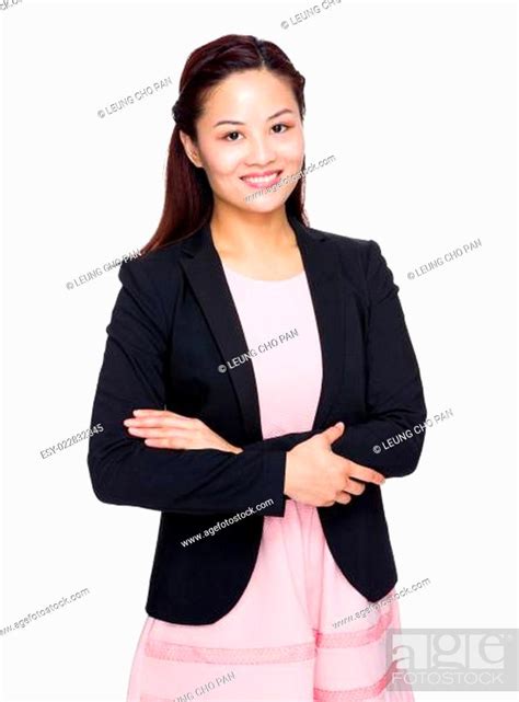 Asian Business Woman Cross Arms Standing On White Background Stock