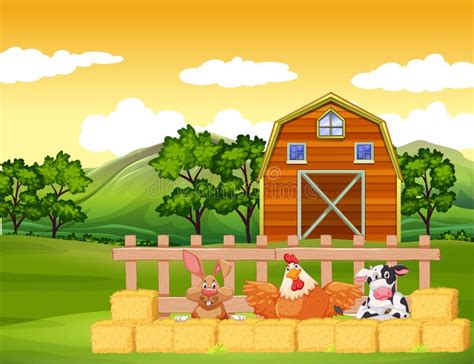 Farm Scene With Animals And Barn On The Farm Stock Vector