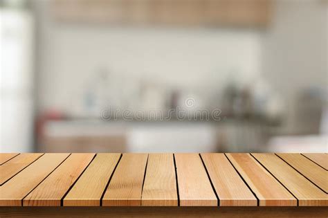 Wood Table Top On Blur Bokeh Kitchen Background Can Be Used For Stock