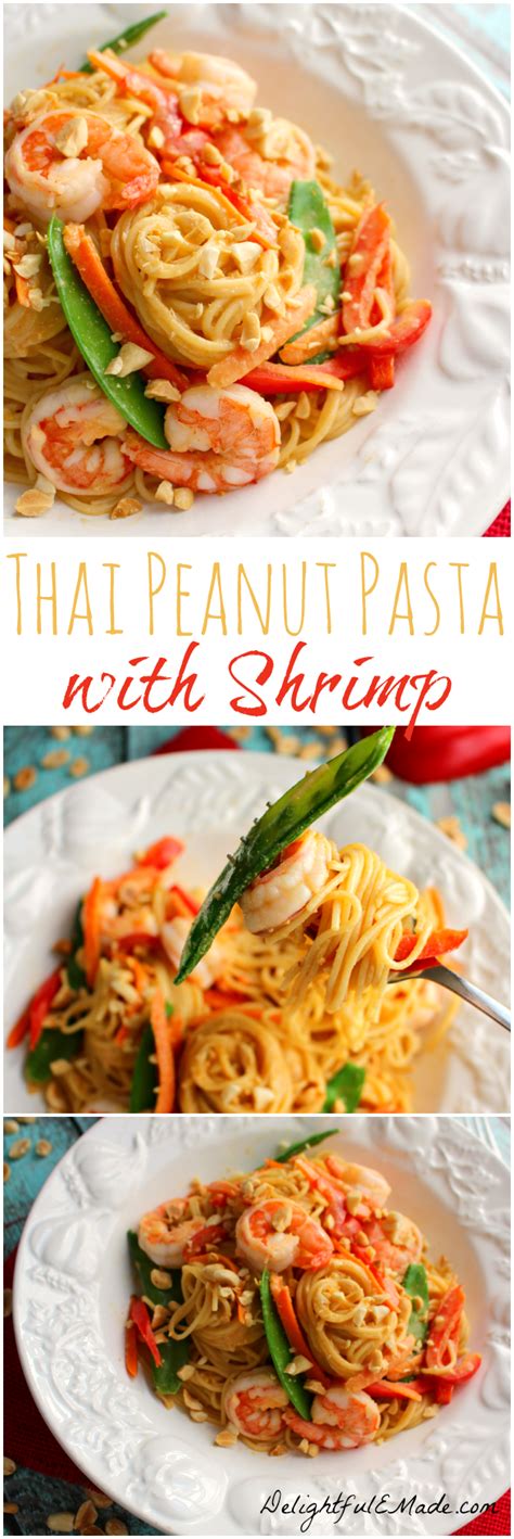 Thai peanut shrimp has all the complex thai restaurant flavors with a homemade peanut sauce with honey, garlic, ginger and lime in just 20 minutes! Thai Peanut Pasta with Shrimp - Delightful E Made