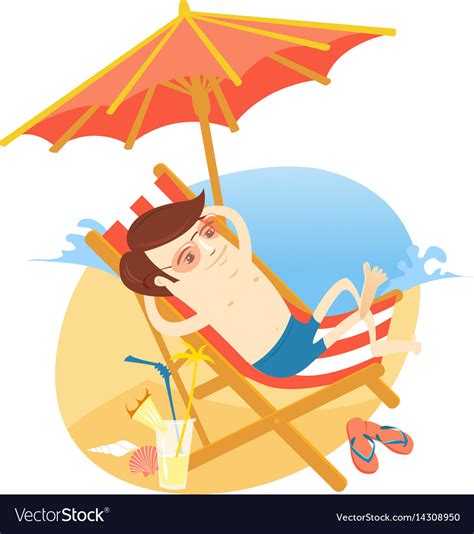 funny man sunbathing on beach with cocktail vector image