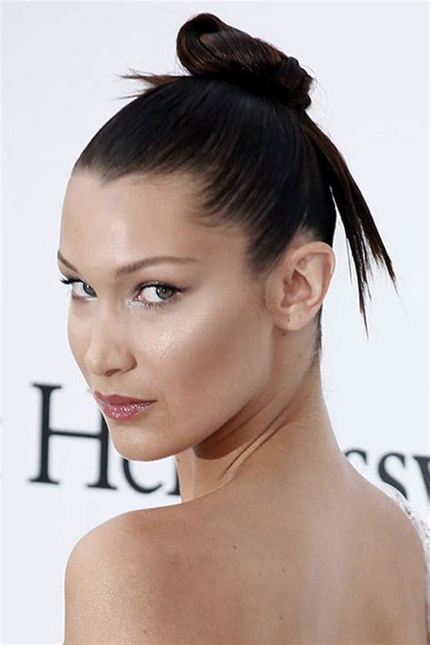 Bella Hadid Straight Dark Brown Bun Updo Hairstyle Steal Her Style