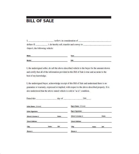 Printable General Bill Of Sale Template Word