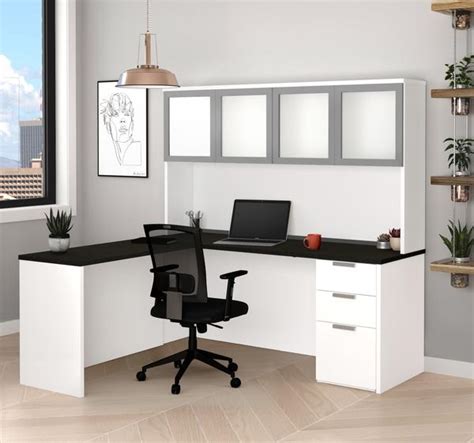 L shaped computer desks are available in a multitude of design options. Modern L-Shaped Desk & Hutch with Frosted Glass Doors in ...