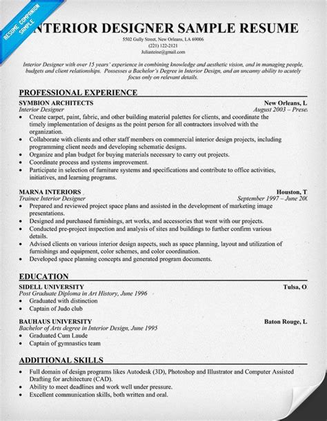 Writing a great interior designer cover letter is an important step in getting hired at a new job, but it can be hard to know what to include and how to format a cover letter. Interior Designer Resume (resumecompanion.com) | Resume ...