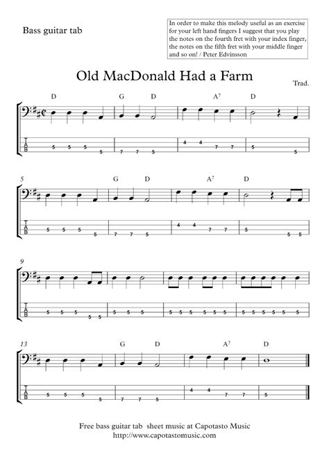 Easy Sheet Music For Beginners Free Easy Bass Tab Sheet Music Old Macdonald Had A Farm