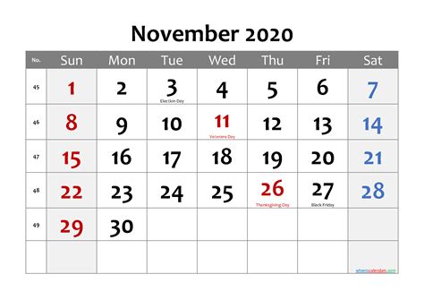 Editable November 2020 Calendar Weekly Monthly Yearly Template Notes