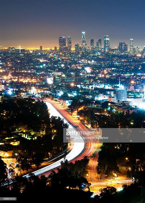 Downtown Los Angeles Night View High Res Stock Photo