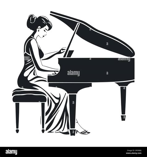 Girl Pianist Playing The Piano Simple Black Vector Silhouette