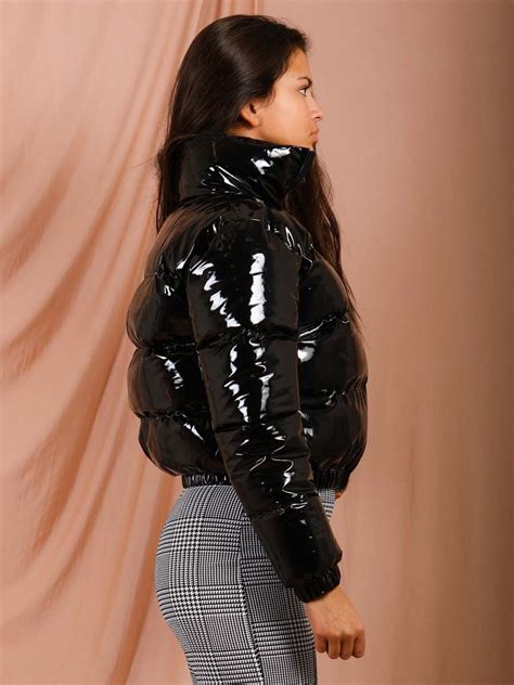 emilia pvc leather cropped puffer jacket in black puffer jacket women puffer jacket outfit