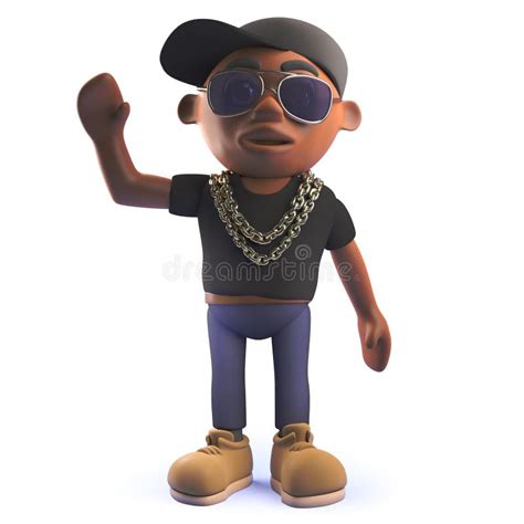 Black 3d Hip Hop Rapper Cartoon Character Waving Hello Stock