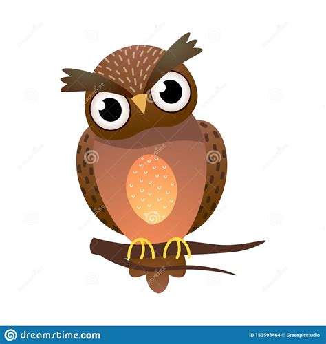 Cute Owl Bird With Big Eyes Stay On Tree Stock Vector