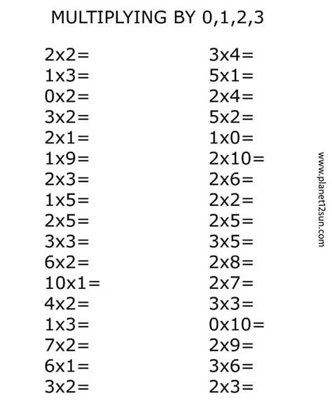 Multiplication 0 1 2 5 10 Worksheet