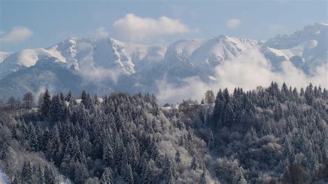 Superb Mountain Landsacpe In Winter Forest Clouds Winter Mountains