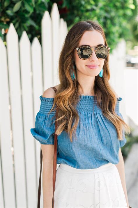 Styling A Chambray Off The Shoulder Top With Tortoise Sunglasses And Blue Tassel Earrings Spring