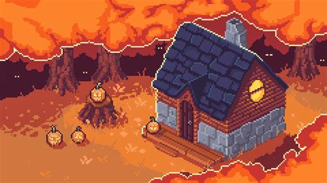 Wallpaper Pixel Art Building Pumpkin Halloween Jack O Lantern