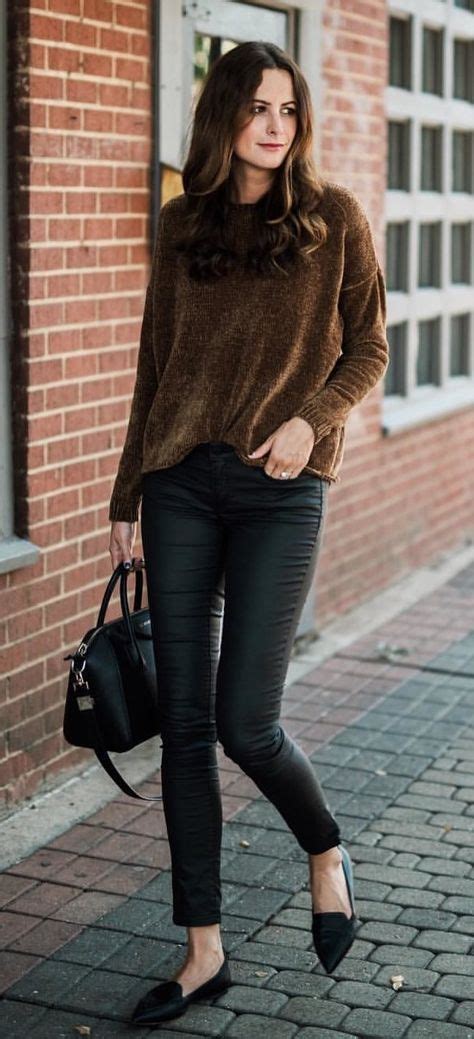 Fall Outfits Womens Brown Long Sleeve Suede Top And Black Jeans