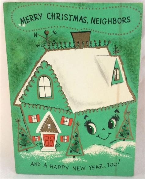 Green Anthropomorphic House Red Door Pop Up 40s Vintage Christmas Greeting Card Vintage