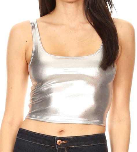 sakkas sakkas women s stretchy sleeveless liquid metallic club crop tank top made in usa