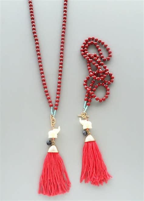 Red Beaded Elephant Tassel Necklace Inspirational Necklace Tassel