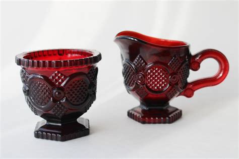 Vintage Ruby Red Glass Avon Cape Cod Pattern Creamer Sugar Bowl Set