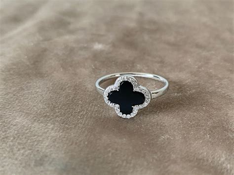 Four Leaf Clover Ring 925 Sterling Silver Black Stone Ring Etsy