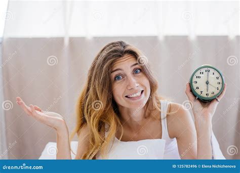 Shocked Young Woman Waking Up With Alarm Stock Photo Image Of Wake