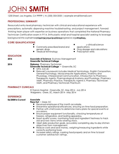 Entry-level pharmacy technician Resume Example