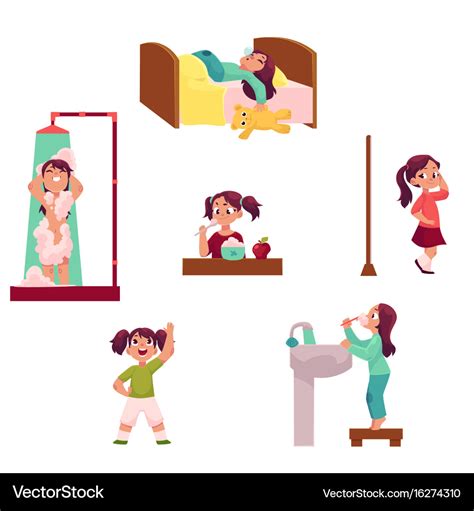 Daily Morning Routine Set Little Girl Royalty Free Vector