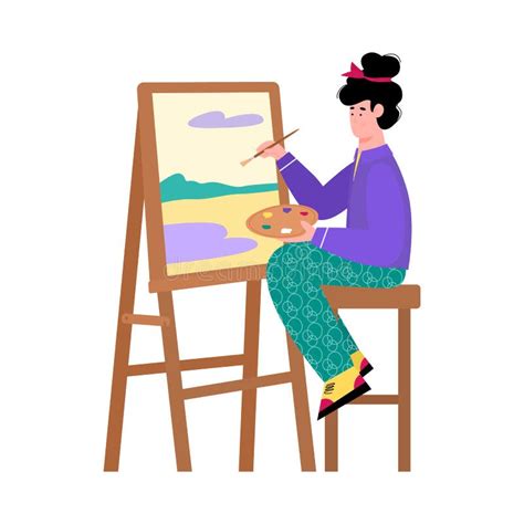 Artista Pintora Mujer Pintando Sobre Lienzo Caricatura Ilustración
