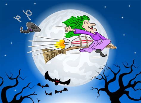 Witch Flying On A Magic Broomstick Against The Full Moon Illustrations