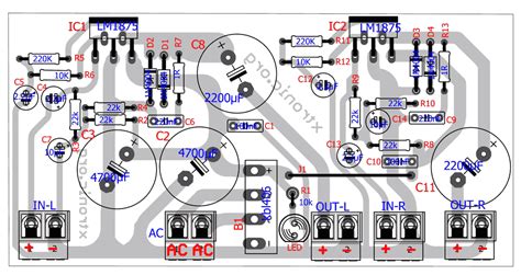 Power amplifier circuit diagram with pcb layout. Lm1875-stereo-power-amplifier-circuit-layout - Xtronic.org