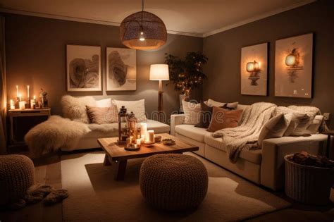 Cozy Living Room With Warm Lighting And Soft Furnishings Creating And