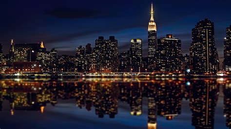 New York Buildings Skyscrapers Night Lights Reflection Hd Wallpaper