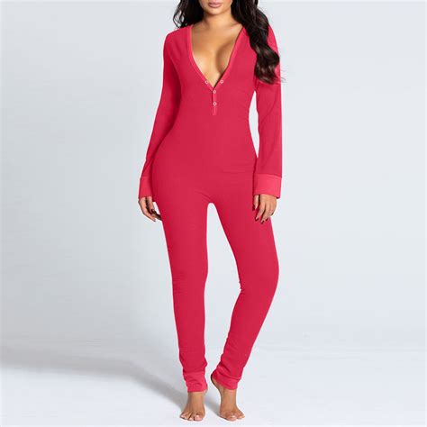 Sexy Womens Pijamas Onesies Button Down Front Functional Buttoned Flap V Neck Pajamas Adults